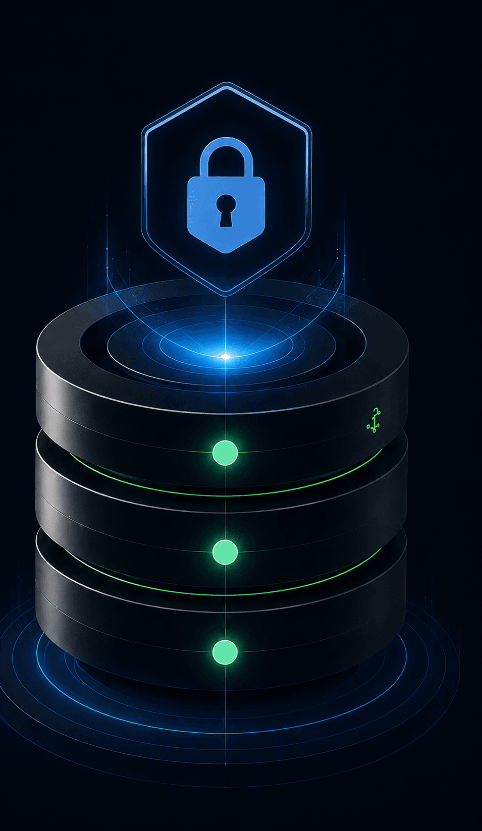 Privacy and security illustration with a lock above protected data layers.