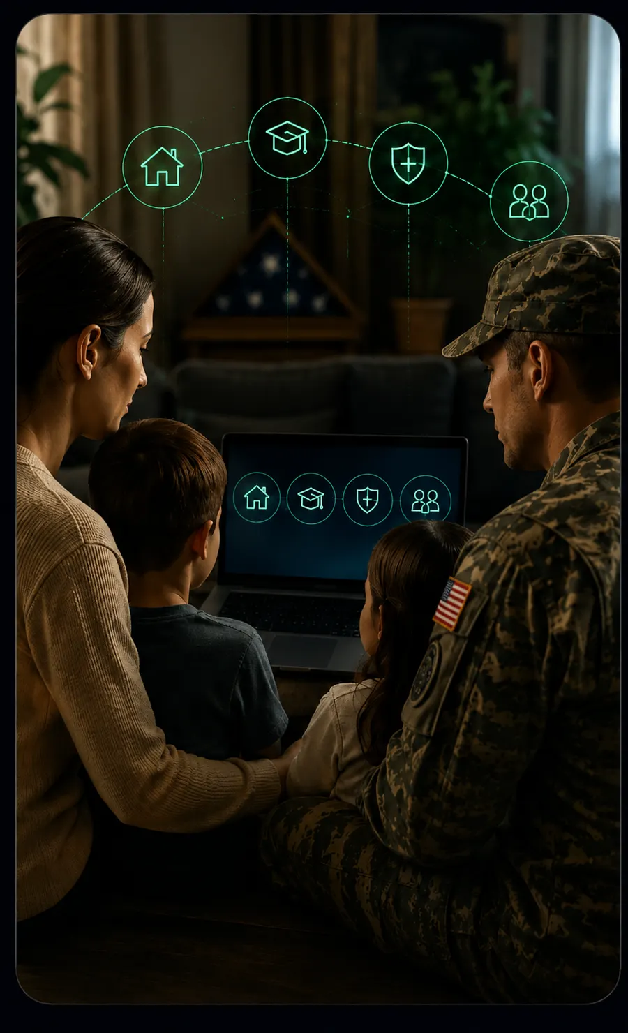 Military family reviewing support resources together at home.