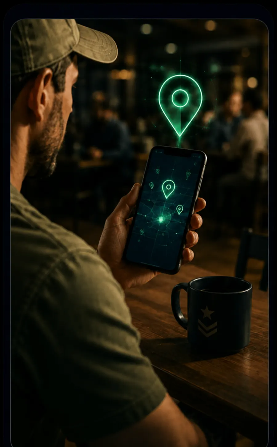 Veteran using a phone to discover nearby support and benefit resources.